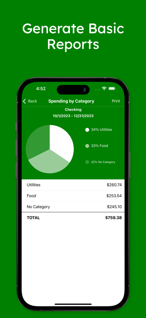 Informe de gastos por categoría en la aplicación The Checkbook mostrando un gráfico circular y totales de gastos