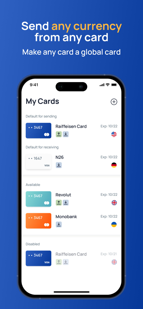 Fin.do: Instant Money Anywhere - Interface of the Fin.do app showing a list of international bank cards for global money transfers