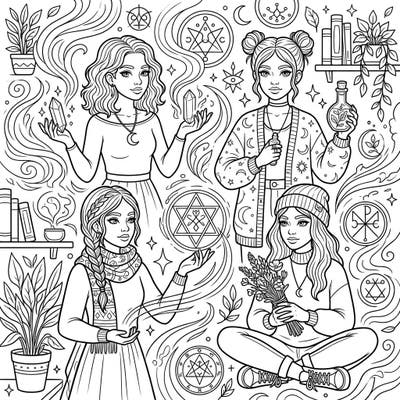 Dive into a world of benevolent magic with this captivating coloring page featuring four trendy teen white witches. Explore intricate designs, mystical symbols, and natural energies designed specifically for young magic enthusiasts.