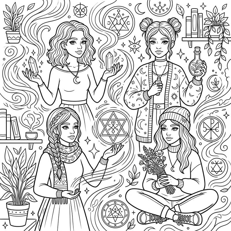 Dive into a world of benevolent magic with this captivating coloring page featuring four trendy teen white witches. Explore intricate designs, mystical symbols, and natural energies designed specifically for young magic enthusiasts.