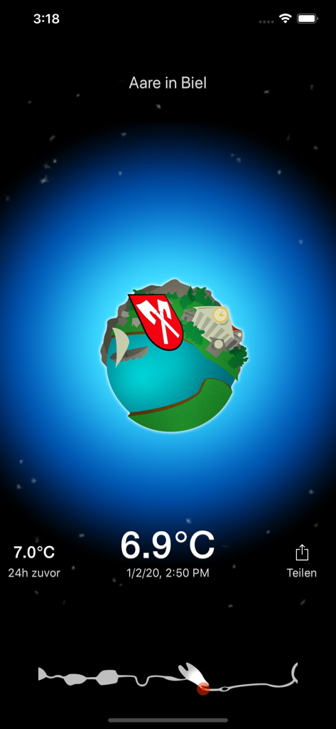 Aare - Oberfläche der Aare-App, die eine Wassertemperatur von 6,9 Grad Celsius in Biel anzeigt