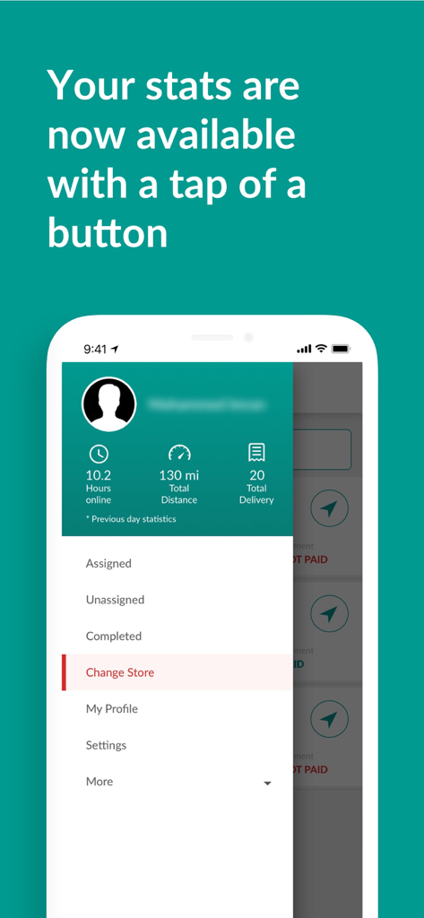 Drive2Success mobile app interface showing a driver performance dashboard with stats for hours online, total distance, and total deliveries.