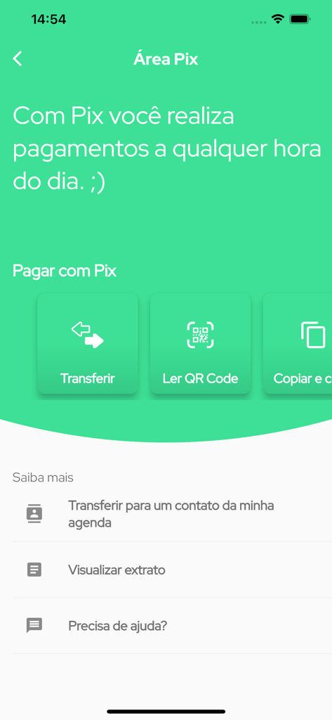 Parcele Já - Conta digital - Captura de tela da seção de transferência Pix e pagamento de QR code no aplicativo da conta digital Parcele Ja