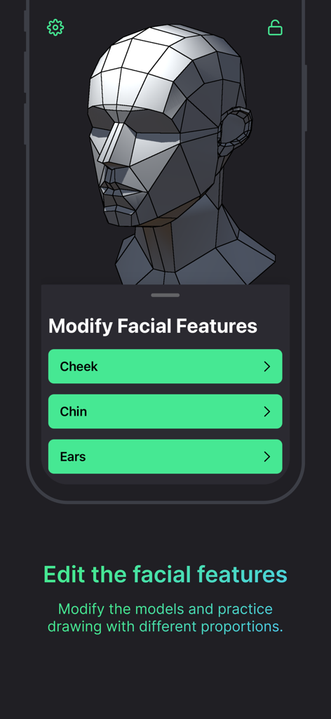 Head Model Studio - Art Study - A 3D polygonal head model in an app showing options to modify facial features like cheeks chin and ears for art reference