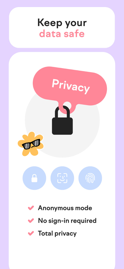 amma pregnancy app privacy and security screen showing anonymous mode and data protection features