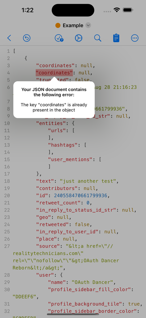 JSON Editor Mobile - JSON Editor Mobile에서 코드 문서의 중복 키에 대한 유효성 검사 오류 알림 표시