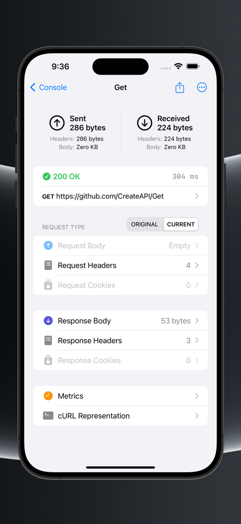 Detailed view of an HTTP GET request in the Pulse app showing status code response metrics and header information