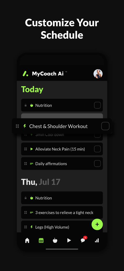 MyCoach Ai - MyCoach Ai app interface showing a daily workout and nutrition schedule