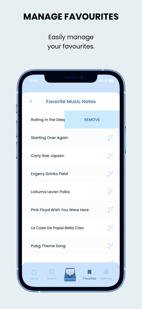 Kalimba Lessons: Learn & Play - Favorite songs list in the Kalimba Lessons mobile app.