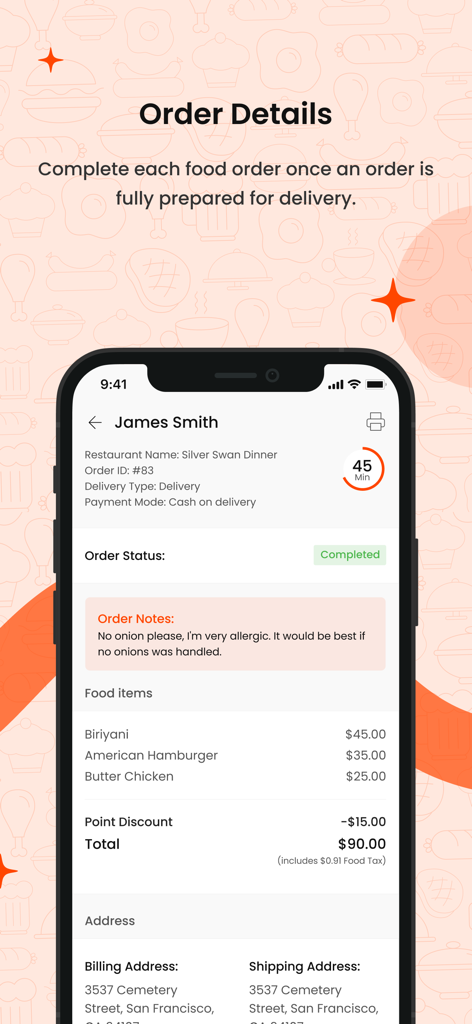 FoodMato Restaurant Partner - Interface of the FoodMato Restaurant Partner app showing detailed order information for James Smith with food items and delivery notes
