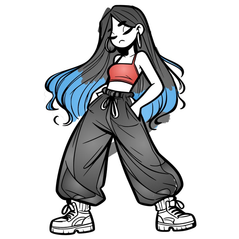 girl in baggy pants crop top and long hair