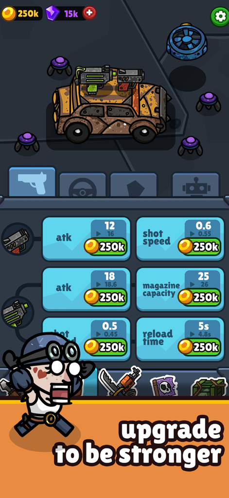 Undead Shooter: Idle Highway - Pantalla de juego de Undead Shooter Idle Highway mostrando el menú de mejora de vehículos y armas con estadísticas de ataque y velocidad