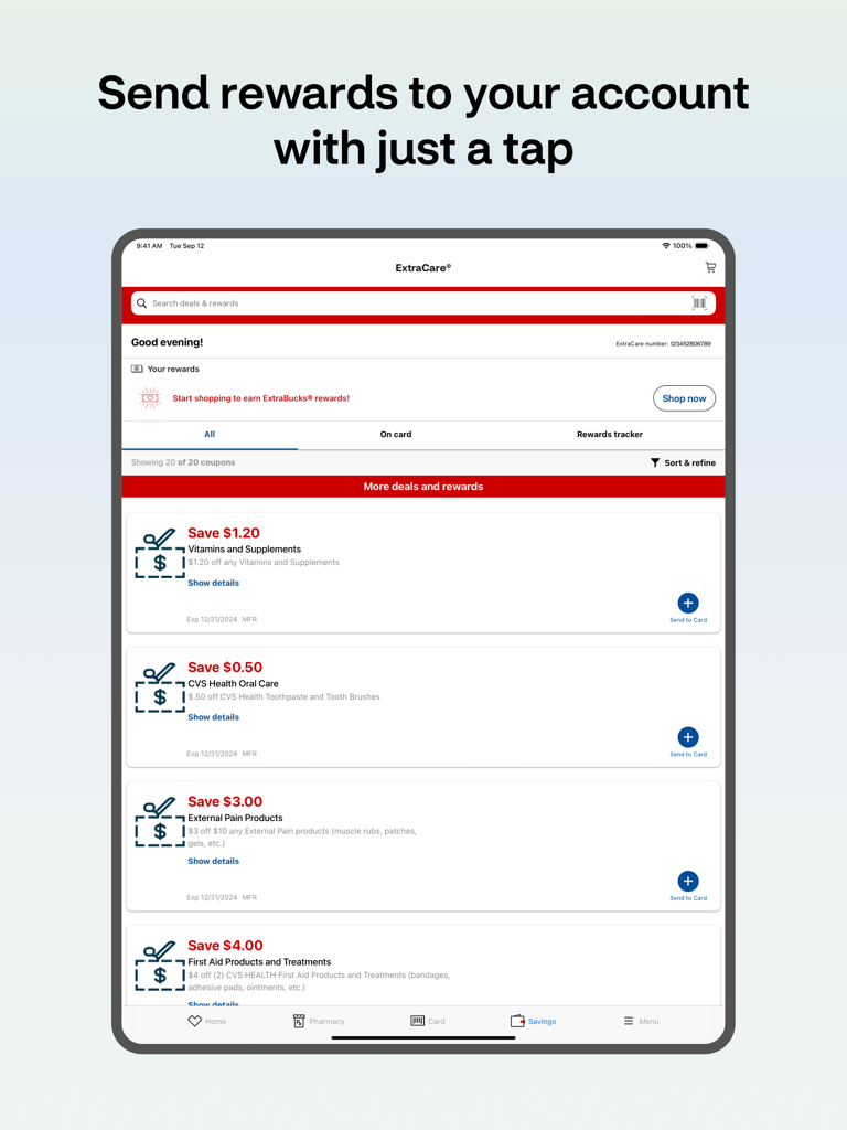 家庭用健康製品のExtraCare®特典とデジタルクーポンを表示するCVSアプリの画面。