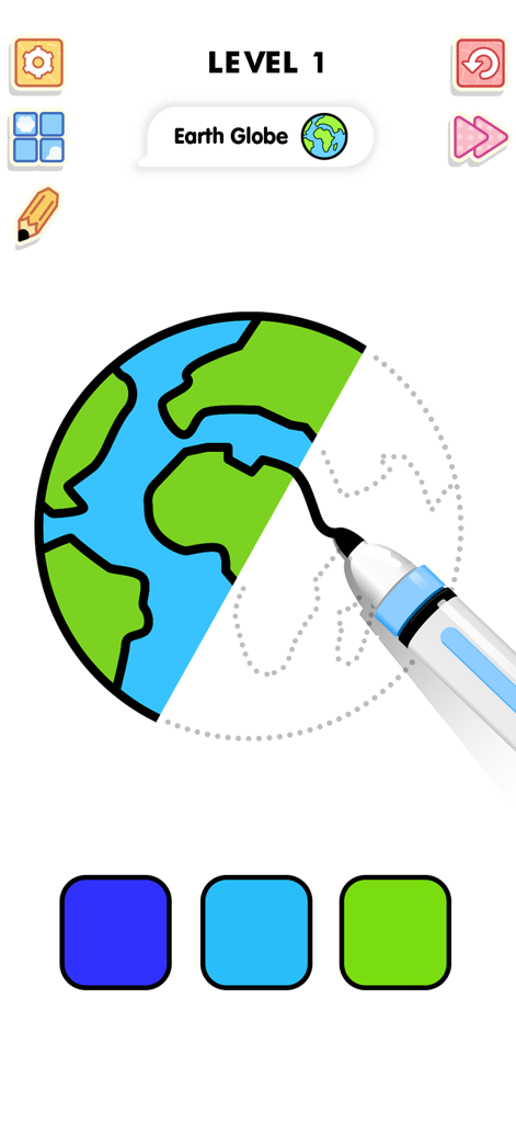 마커 펜으로 그려지는 지구본이 미완성 상태인 색칠 게임 인터페이스