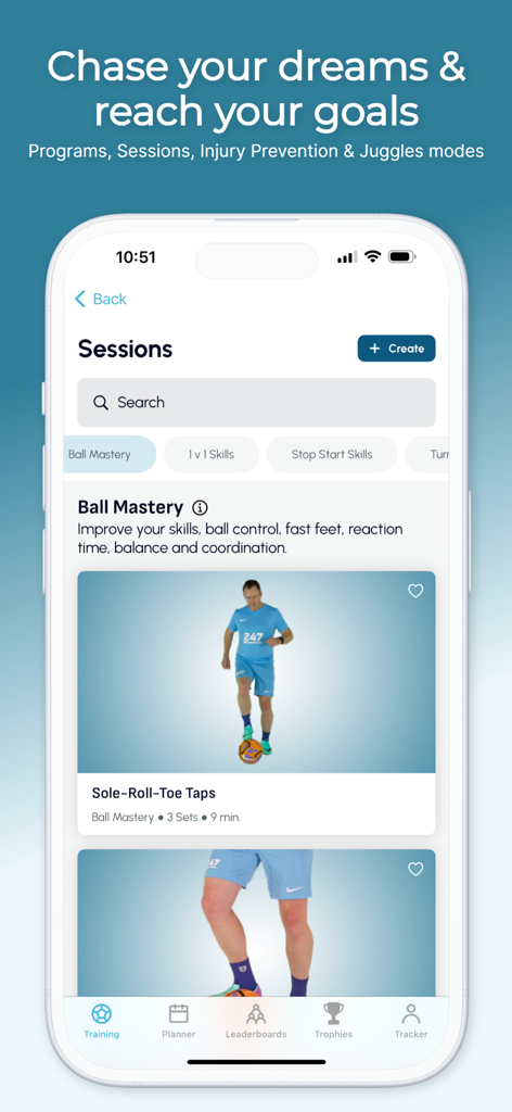 247 Football: Soccer Academy - iPhone screen of 247 Football app showing ball mastery training drills and soccer sessions