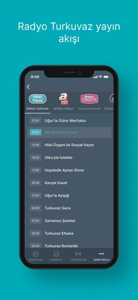 Turkuvaz Radyolar - iPhone screen displaying the daily broadcast schedule for Radyo Turkuvaz within the Turkuvaz Radyolar mobile app.