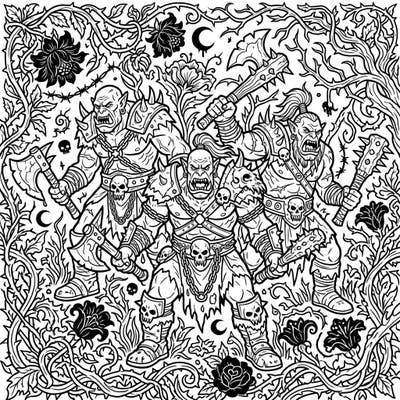 Embark on a unique coloring journey with our Gothic Spring Orc Grunts design, blending raw fantasy power with the melancholic beauty of dark, thorny blooms. This intricate artwork invites you to color a world where fierce warriors guard an enchanted, eerie spring landscape.