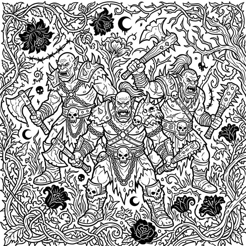 Embark on a unique coloring journey with our Gothic Spring Orc Grunts design, blending raw fantasy power with the melancholic beauty of dark, thorny blooms. This intricate artwork invites you to color a world where fierce warriors guard an enchanted, eerie spring landscape.