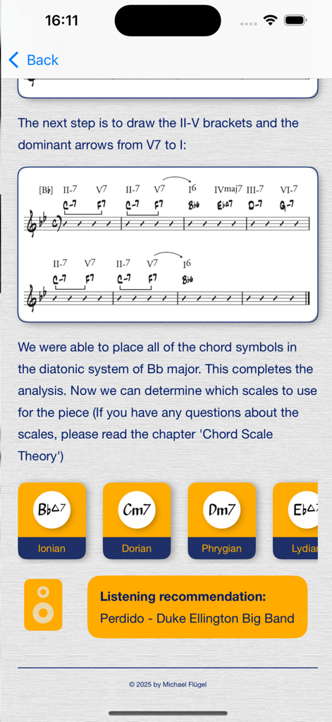 Jazz & Pop Harmony /w Analysis - Musical notation with II-V brackets and chord symbols in a harmony analysis app
