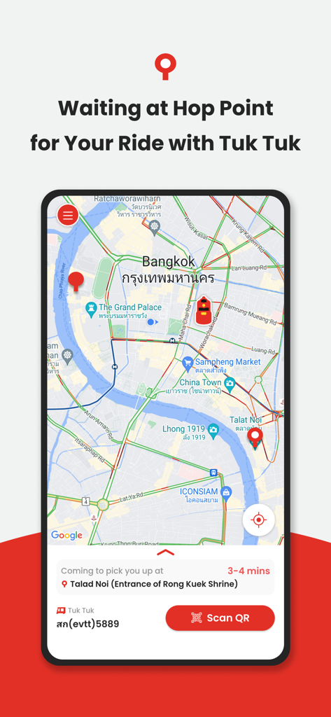 Tuk Tuk Hop - Map interface of the Tuk Tuk Hop app showing a ride arrival countdown and pickup location in Bangkok