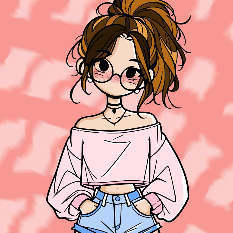 girl with a messy ponytail glasses a baggy crop top and jean shorts