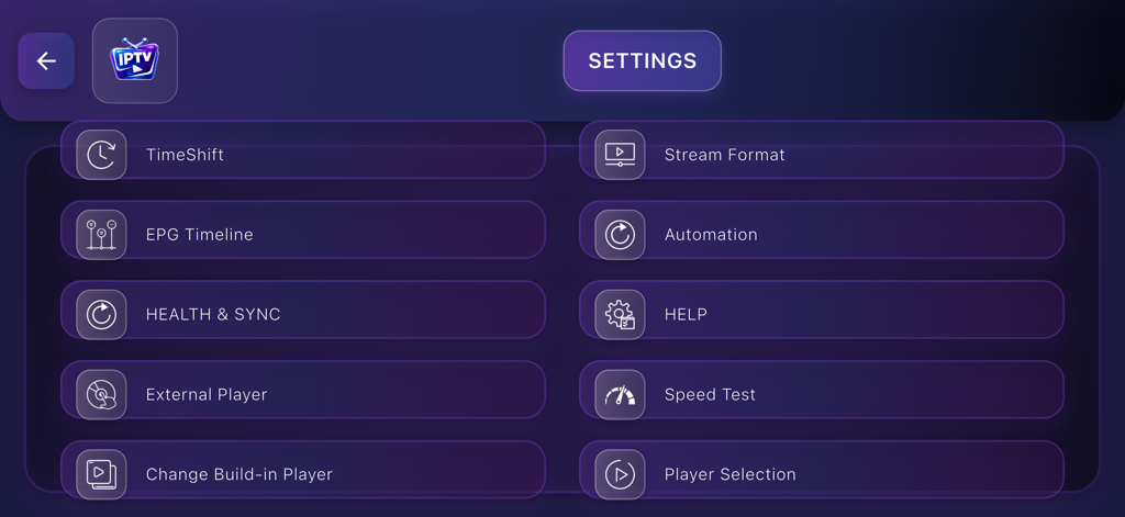 Smarter IPTV app settings menu with options for TimeShift EPG Health and Sync and player configuration