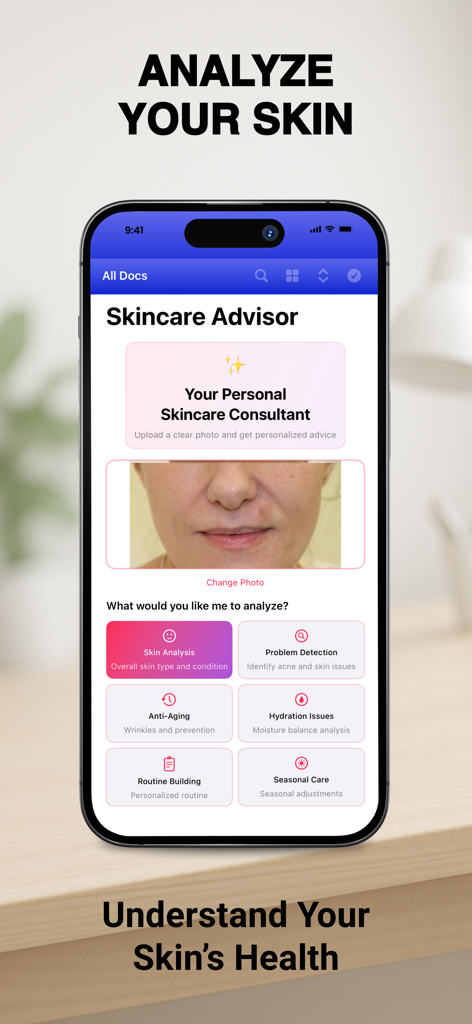 ProScan - Scanner To PDF - ProScanアプリ内のスキンケアアドバイザーツールを表示するiPhone画面。肌分析と健康検出オプションを特徴としています