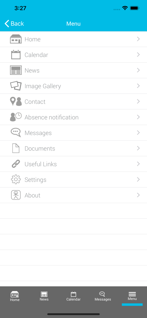 mySchoolApp - Main menu interface of the mySchoolApp for school communication and updates
