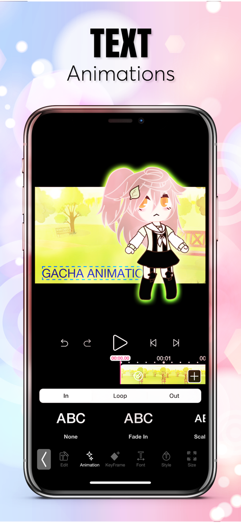 A screenshot of the Gacha Animator app interface showing text animation settings and a character preview