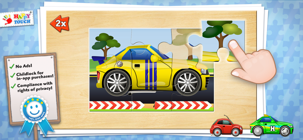 BOY-GAMES PUZZLE Happytouch® - Educational car puzzle game interface for toddlers featuring safety certifications and a cartoon hand solving a puzzle