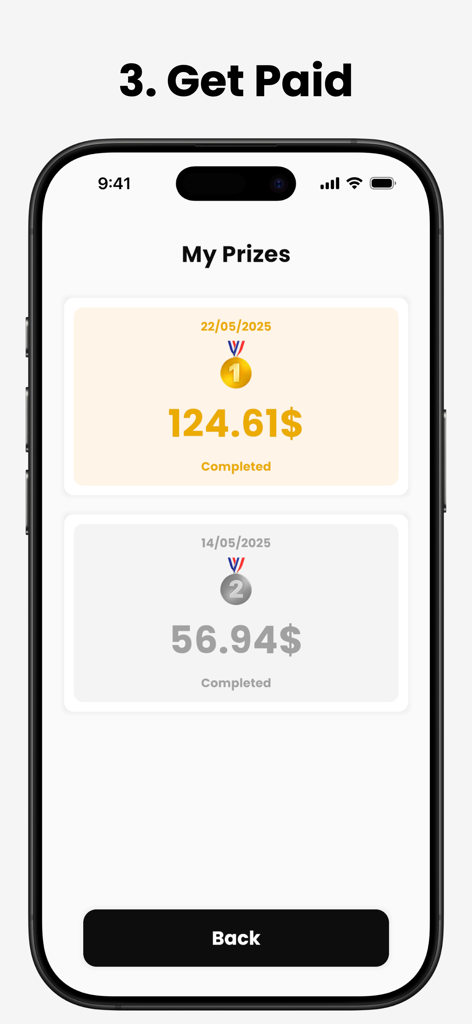 Lotely: Daily Giveaways - A mobile screen from the Lotely app titled My Prizes showing a list of cash rewards won with completed payout status.