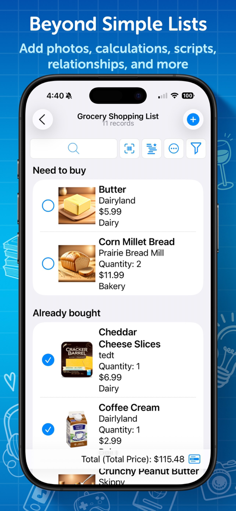 Interface do aplicativo Tap Forms Pro exibindo uma lista de compras detalhada com fotos de itens e cálculo do preço total.