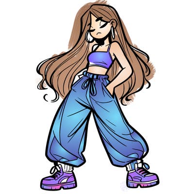 girl in baggy pants crop top and long hair