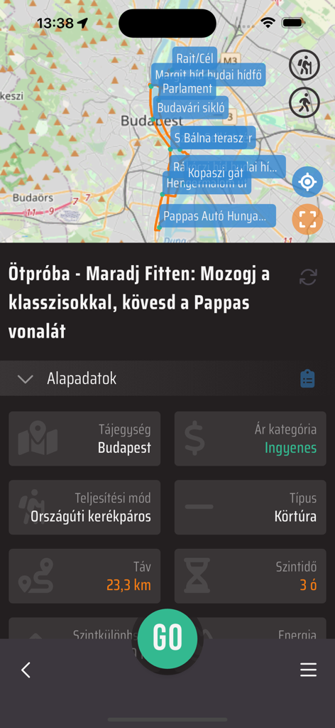 GeoGo - GeoGo app screen showing a map of Budapest with a 23.3 km road cycling route and labeled checkpoints