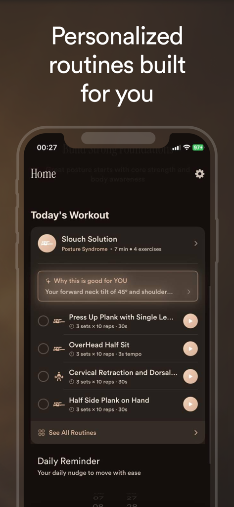 UpWise - Fix Posture Now - A mobile screen showing the UpWise app today's workout page with a personalized slouch solution routine