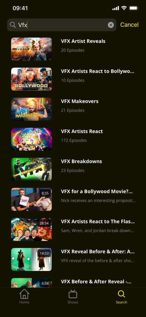 Corridor Digital - Search interface of the Corridor Digital app showing various VFX related shows and episodes