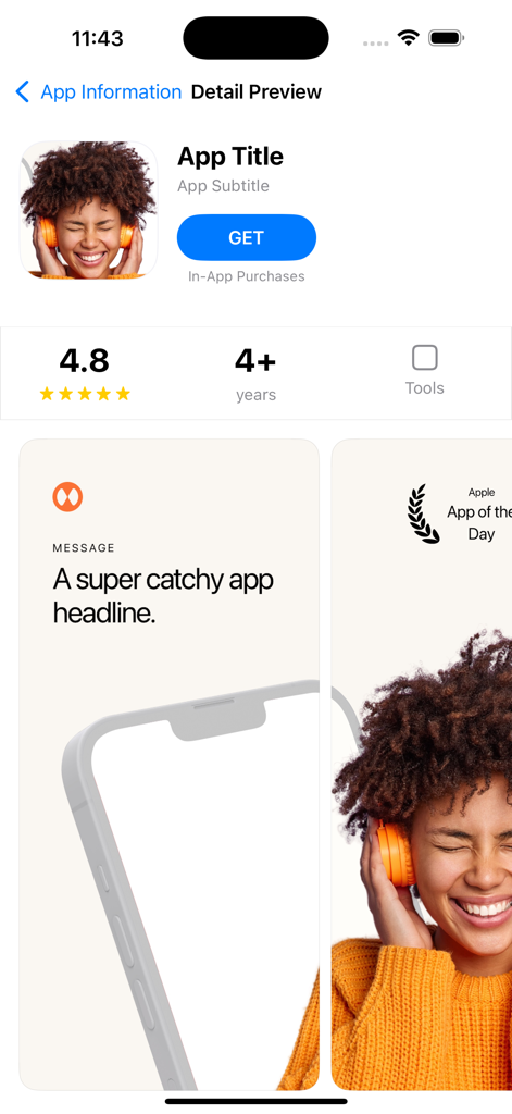 Preview App - Store Simulator - Una simulación de una página de producto de la App Store de iOS con metadatos de la app y previsualizaciones de capturas de pantalla