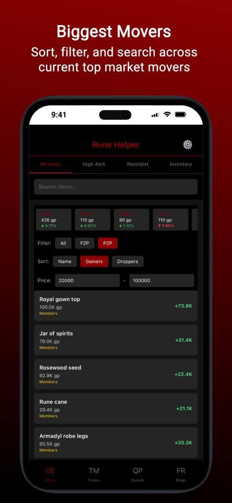 Rune Helper app interface showing Old School RuneScape Grand Exchange biggest price gainers and market filters