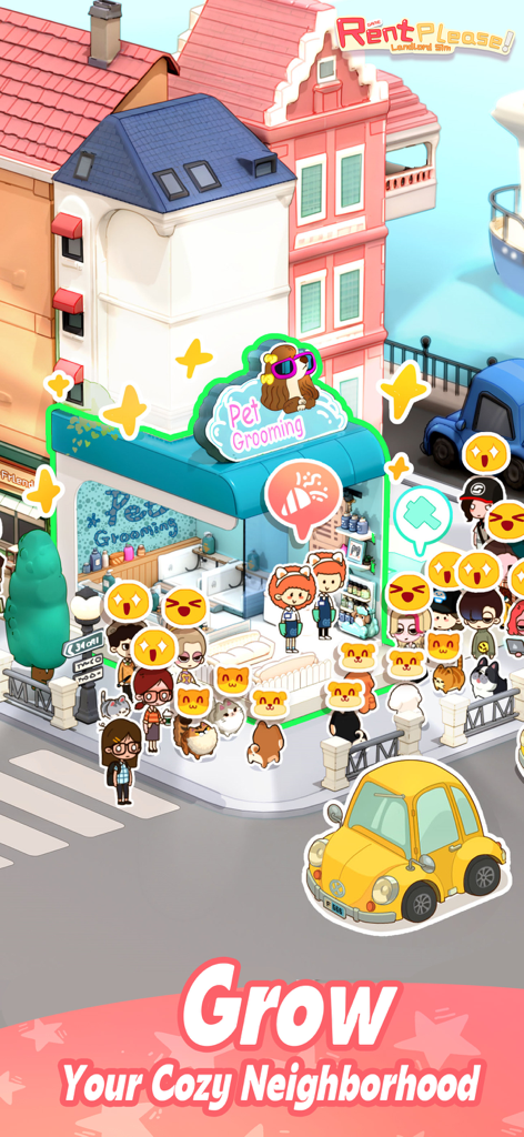 Una peluquería de mascotas rodeada de inquilinos y mascotas de dibujos animados en un acogedor barrio de la ciudad