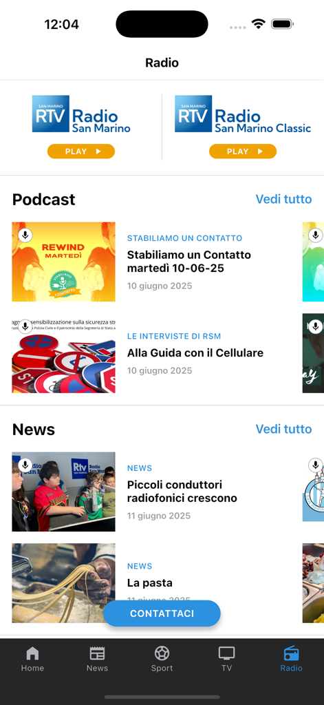 San Marino RTV - Interface do aplicativo San Marino RTV mostrando estações de rádio ao vivo, episódios de podcast e artigos de notícias locais