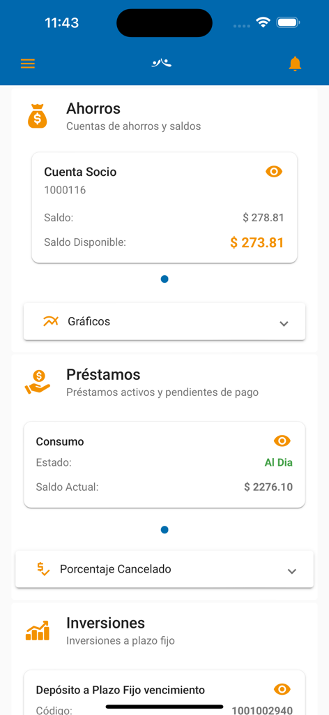 EcuaMovil app screen showing account balances for savings loans and investments