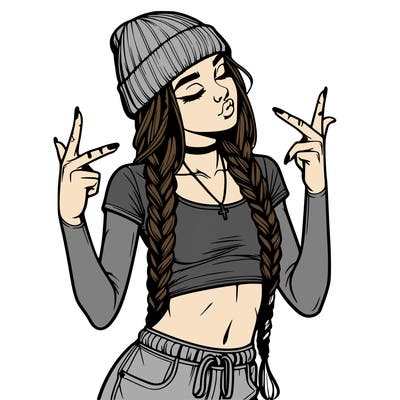 realistic teenage girl with braids and a beanie and crop top doing 🫶🏼