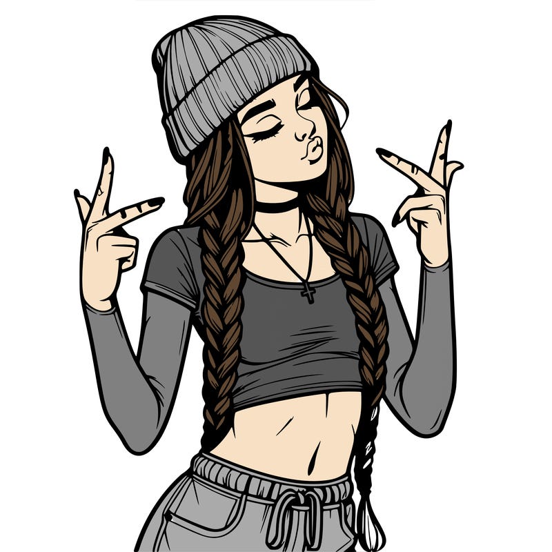realistic teenage girl with braids and a beanie and crop top doing 🫶🏼