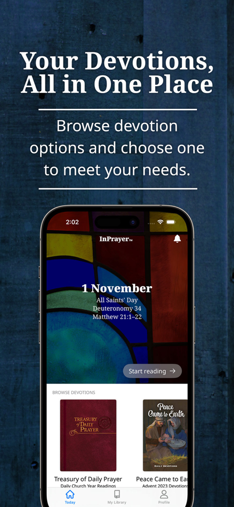 InPrayer by CPH - InPrayer by CPH mobile app showing daily devotions screen for All Saints Day with access to the Treasury of Daily Prayer