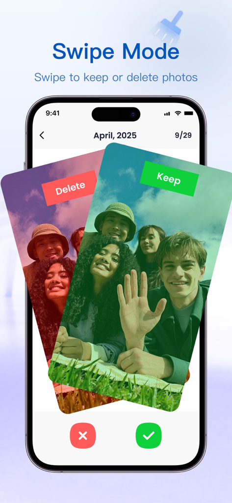 Now Cleaner: AI Photo Cleaner - Pantalla de smartphone que muestra la función de modo de deslizamiento en la aplicación Now Cleaner, donde los usuarios deslizan para conservar o eliminar fotos.