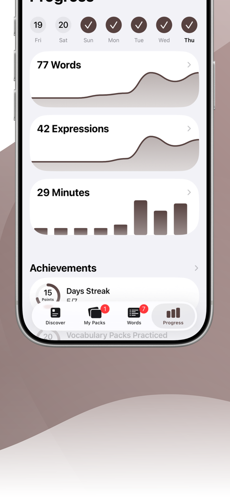 Learn Japanese with LENGO - Der Fortschrittsverfolgungsbildschirm in der App 'Learn Japanese with LENGO', der Lernstatistiken und Streaks anzeigt.