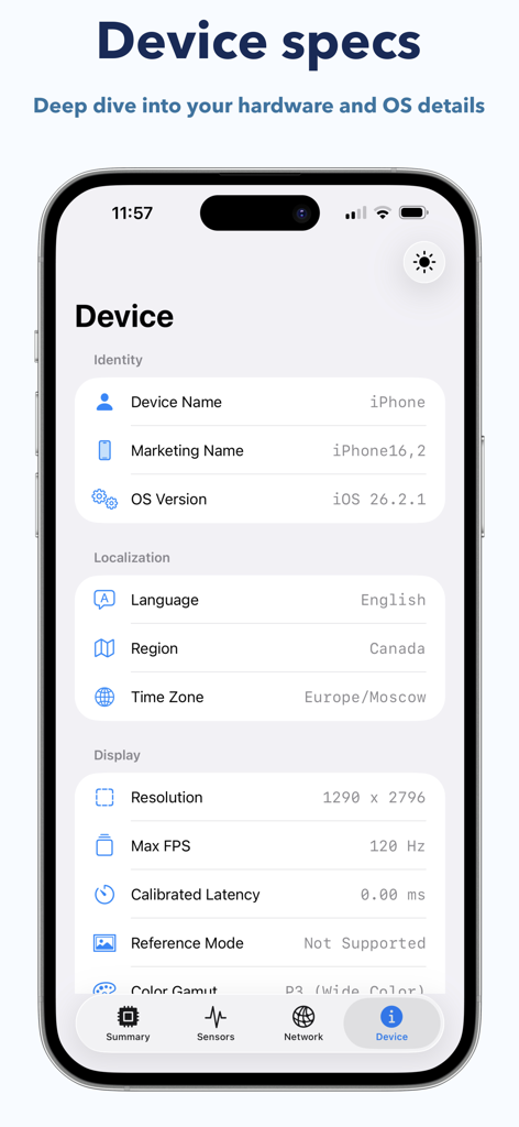 iDevice Monitor - A detailed hardware and software specification dashboard in the iDevice Monitor app showing OS version and display details.