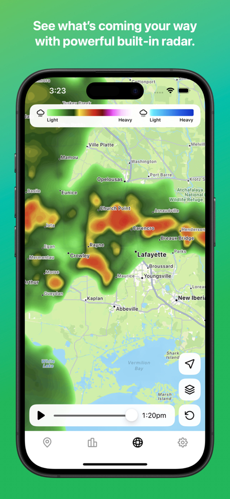Aplicativo Hello Weather exibindo um mapa detalhado de radar de precipitação com as condições atuais