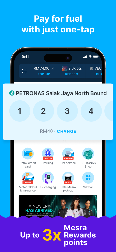 Smartphone displaying the Setel app interface for one-tap fuel payment at a PETRONAS station including pump selection and rewards points.