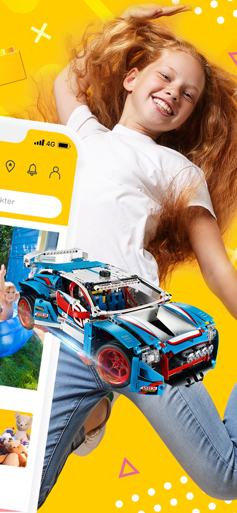 Una bambina felice che salta con una macchinina accanto all'interfaccia dell'applicazione mobile Toyzz Shop